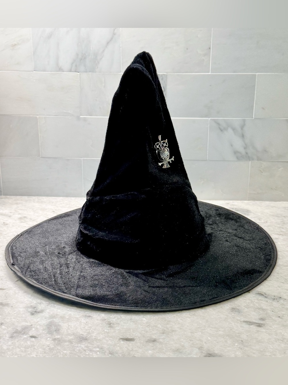 New Women’s Halloween Black Ruched Gothic Witch Witch’s Costume Hat w/ Owl Charm